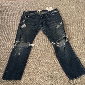 Current/Elliott Distressed Dark Blue Straight-Leg Jeans